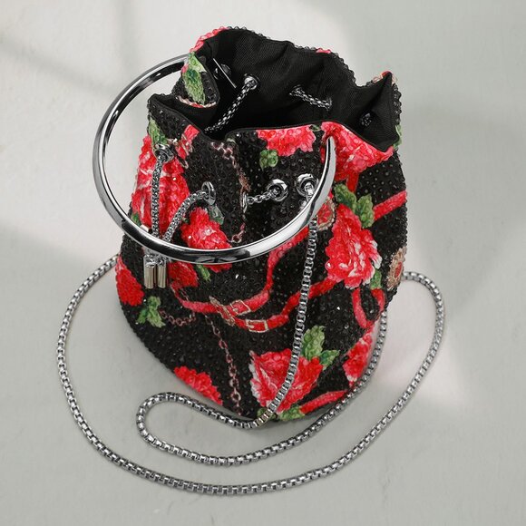 Blooming Rose Rhinestone Bling Beaded Small Round Handle Bucket Crossbody Bag - Picture 7 of 10